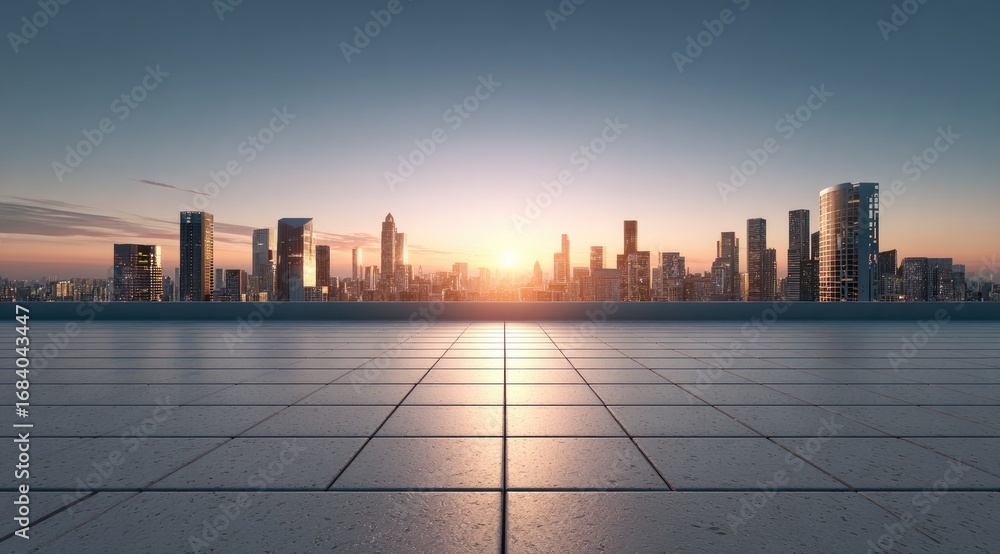 Obraz premium Empty rooftop terrace overlooking a modern city skyline at sunrise