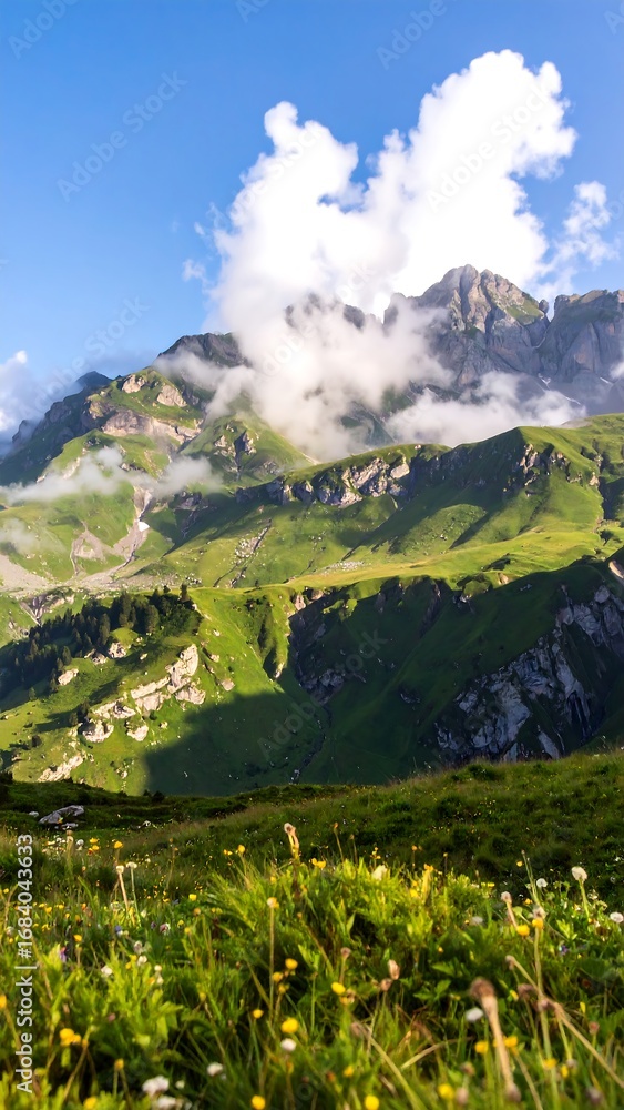 Fototapeta premium Lush green mountain valley stretches under a vibrant blue sky, blanketed with fluffy white clouds, creating a serene and majestic landscape.