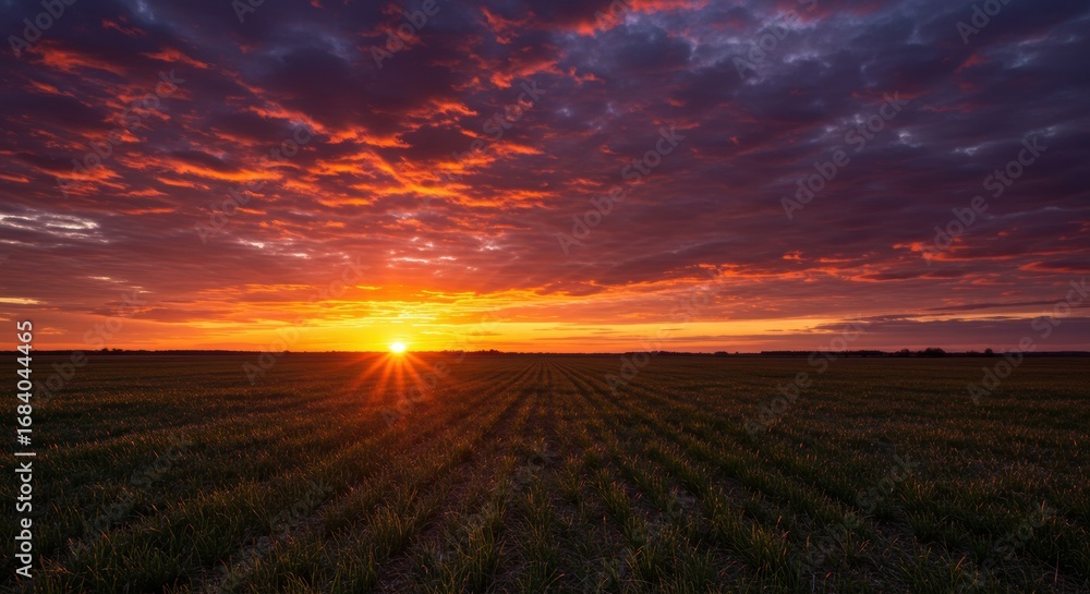 Fototapeta premium Golden rays of sun pierce through dramatic clouds over a field at sunrise