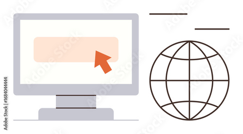 Computer screen with click icon and grid-patterned globe indicating digital interaction, global communication, or internet access. Ideal for technology, communication, networking, global business