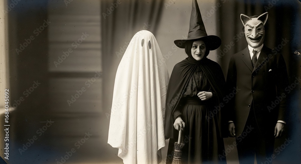 Naklejka premium Eerie Vintage Halloween Portrait of a Ghost, a Witch, and a Cat-Masked Man
