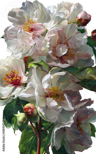 Close-up of delicate, light-pink and white peonies, showcasing detailed blooms and lush foliage
