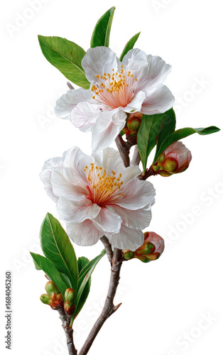 Delicate, pastel-colored blossoms on a branch.  Two full, light pink flowers and several buds are displayed.  Deep green foliage accents the branch.  Crisp detail, likely digitally enhanced