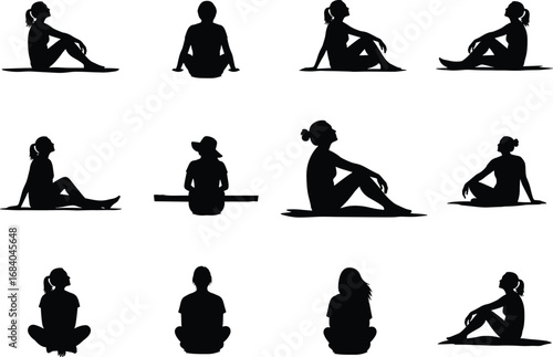 Silhouette women sitting in various relaxed poses, black vector illustration, peaceful meditation and calm concept