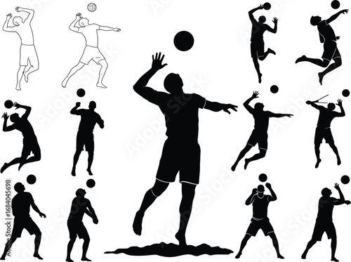 Silhouettes of male volleyball players jumping, serving, spiking, and playing, black vector action sports illustration
