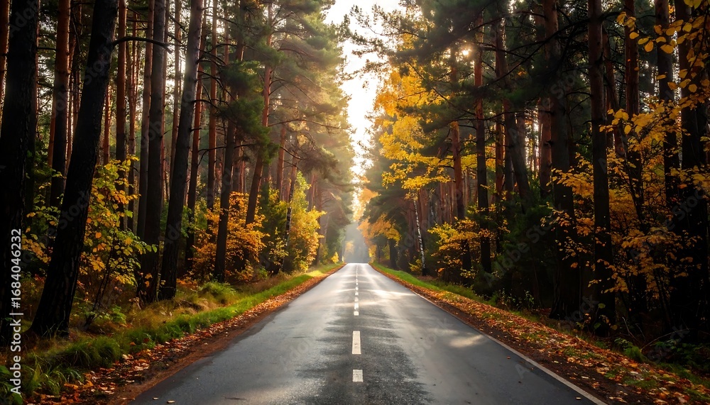 Obraz premium An empty asphalt road cuts through a dense forest with a sunlit end