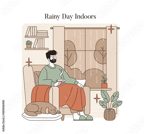 Man Enjoying Coffee Indoors on a Rainy Day Vector