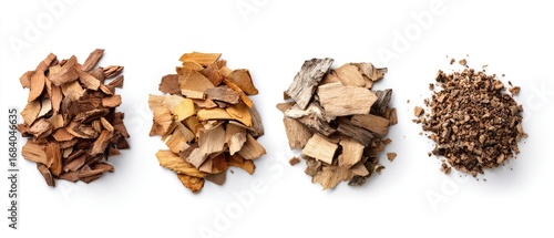 Four piles of various wood chips, different colors and textures