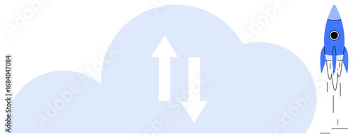 Blue cloud with up and down arrows and a launching rocket symbolizing data transfer, cloud technology, innovation, and progress. Ideal for technology, growth, development, efficiency, global