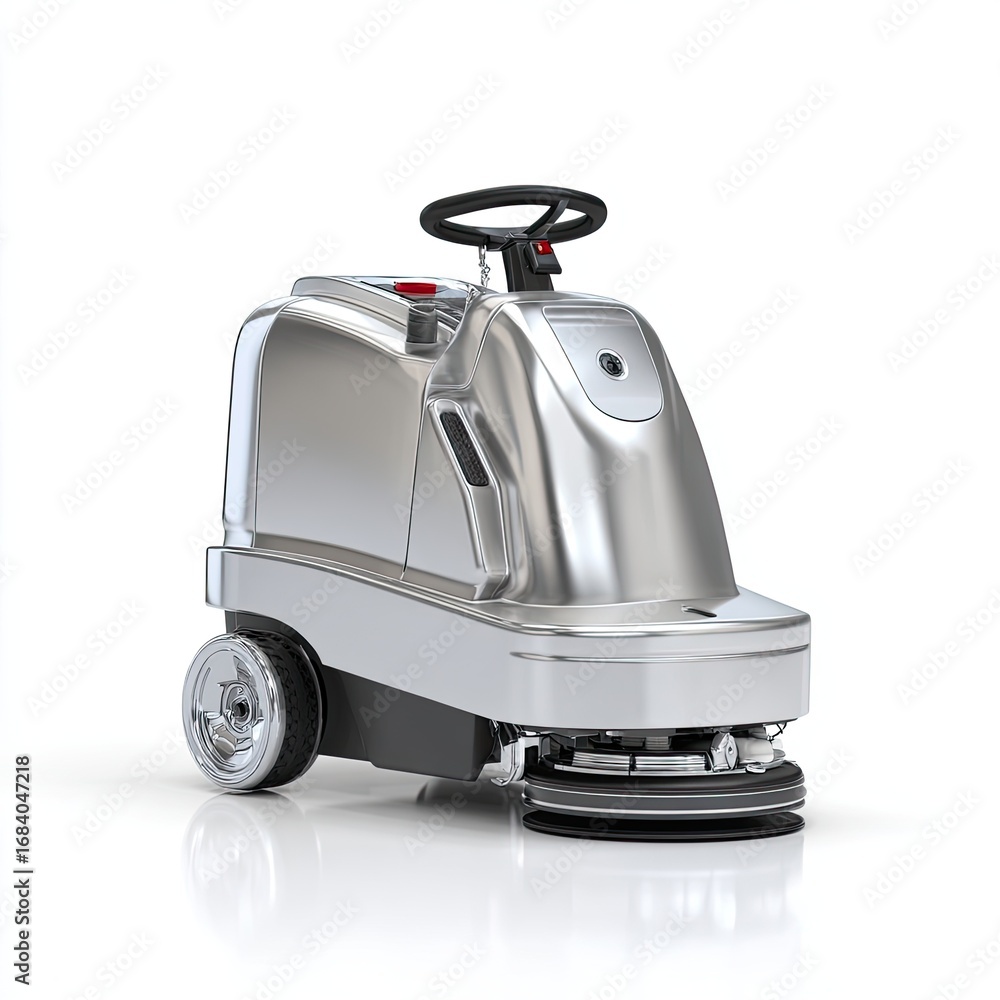 Fototapeta premium Silver floor scrubber, compact and sleek design, isolated on white