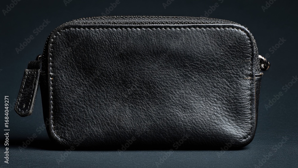 Fototapeta premium Small black leather pouch, zipped closure
