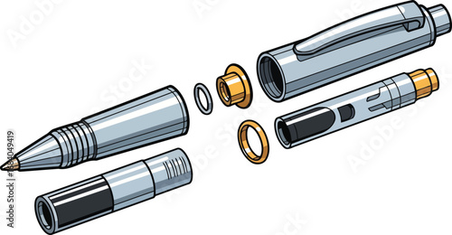 disassembled silver pen detailed exploded view of components, mechanical parts, writing instrument, office supply, precision engineering