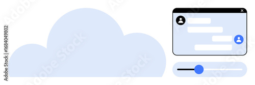 Cloud graphic, chat window with user messages, and adjustable slider. Ideal for cloud computing, collaboration, user interaction, messaging, app design, UI concept simple landing page