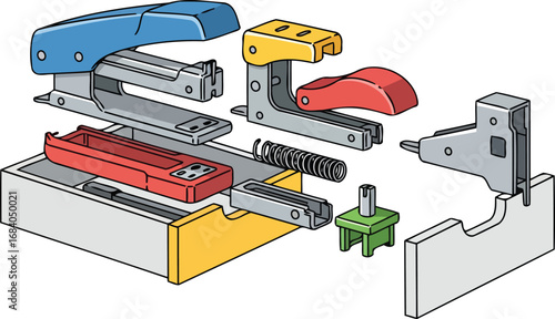 exploded view of stapler components detailed illustration of office supply mechanism, parts and pieces in a tray