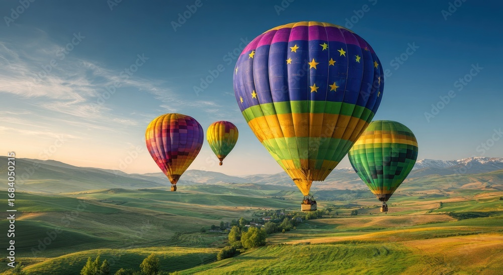 Naklejka premium Colorful hot air balloons over a valley at sunrise