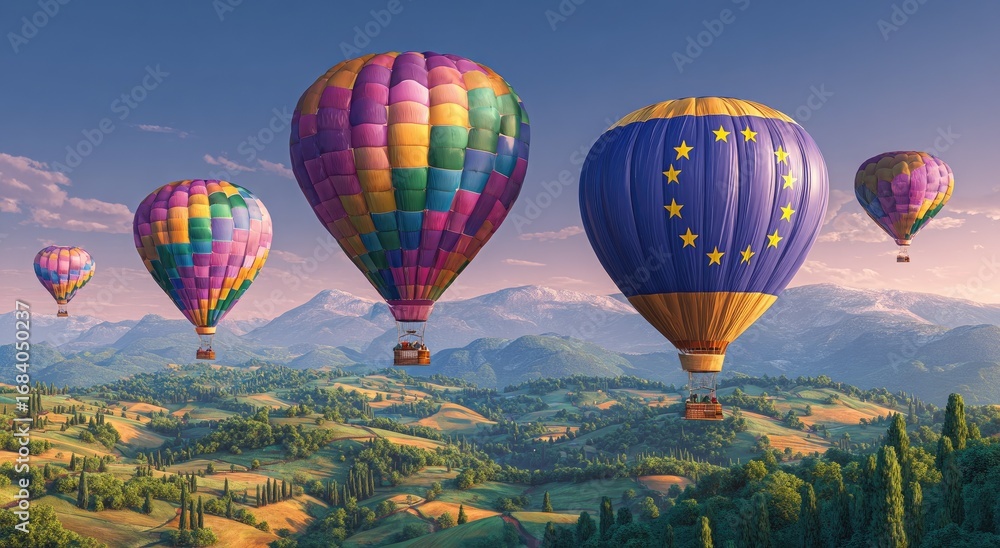 Fototapeta premium Colorful hot air balloons over a scenic landscape at dawn