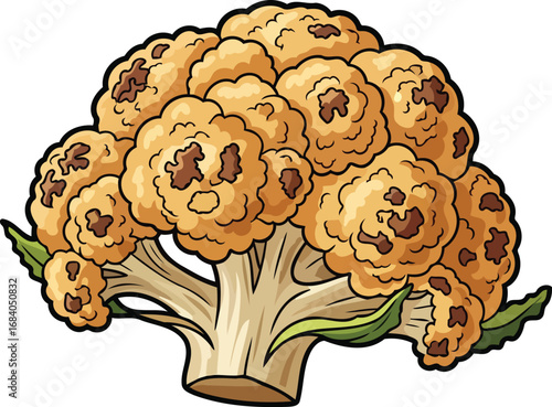 roasted cauliflower illustration golden brown florets, detailed vegetable drawing