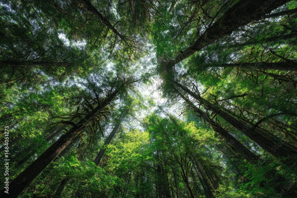 Naklejka premium Lush forest canopy viewed from below