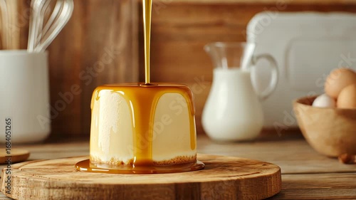 Smooth caramel drizzle over creamy flan dessert with rustic kitchen background