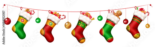 Christmas stockings hanging on a string filled with candy canes, gingerbread men, balls, and gift boxes. Each stocking is uniquely designed with vibrant colors and patterns.