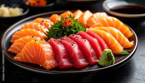 Fresh sashimi platter with salmon, tuna, wasabi, and soy sauce