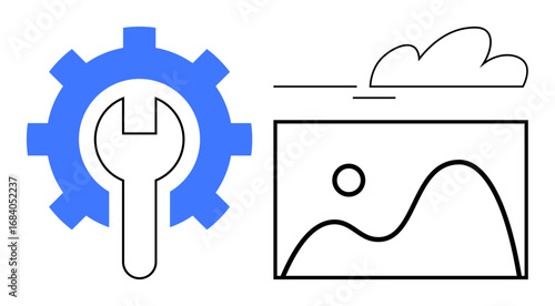 Gear and wrench beside a minimal landscape image suggest customization and optimization. Ideal for technology, creativity, photo editing, digital tools, optimization, repair, settings. Simple flat