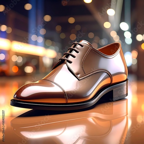 Polished brown leather derby shoe on a reflective surface, with city lights in the background