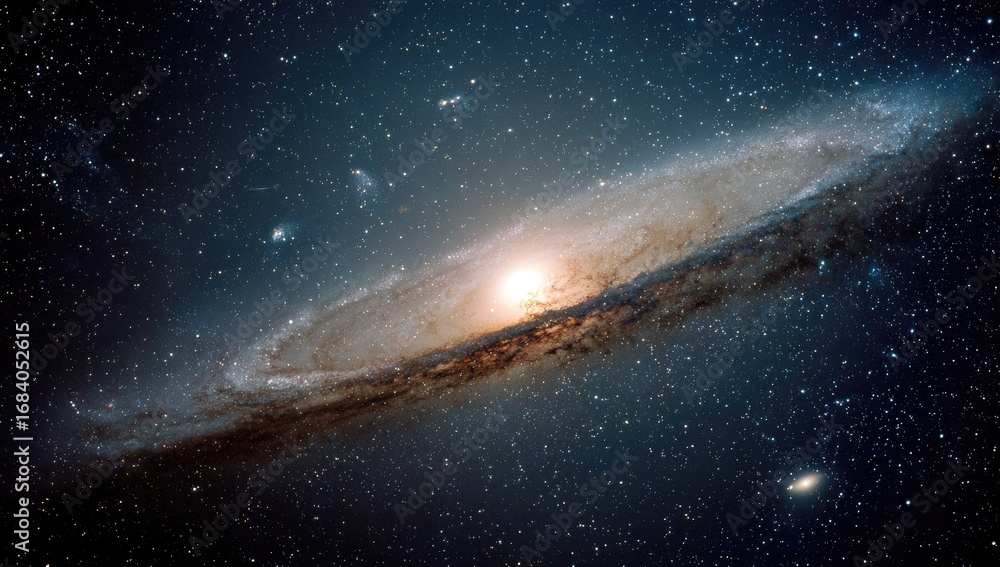 Fototapeta premium Spiral galaxy bathed in starlight. Vast expanse of space filled with a swirling spiral galaxy, featuring hues of beige, cream, and dark gray against a backdrop of countless stars.
