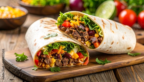 Mexican burrito cut in half showing colorful filling