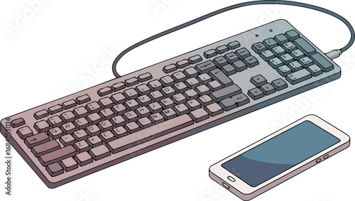 wired keyboard and modern smartphone seamless digital connection, hightech illustration