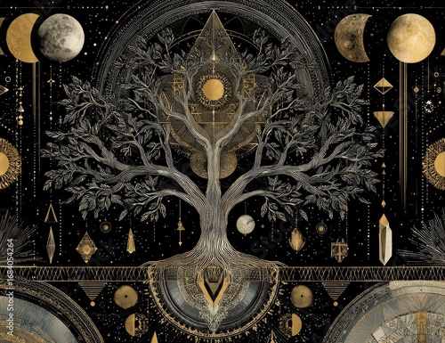 Mystical, celestial tree of life, adorned with gold and dark elements.  Cosmic, intricate design