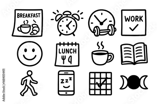 Daily Routine Icons. Daily routine calendar doodle icon set: hand drawn icons of breakfast note, wake-up alarm, workout clock,