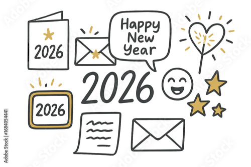 2026 Greeting Doodle Set. New Year 2026 greeting doodle icon set: hand drawn icons of greeting card, festive envelope, message