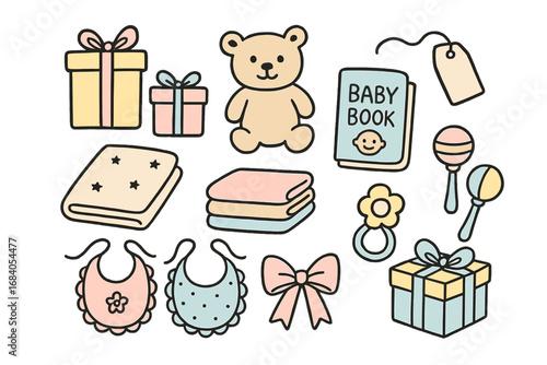 Baby Gift Icons. Baby gift doodle icon set: hand drawn icons of gift boxes, baby toys, receiving blanket, baby book, stack of