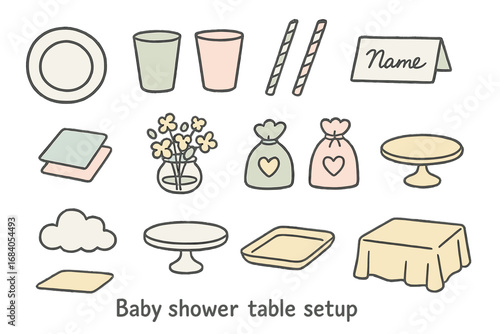 Baby Shower Setup Doodles. Baby shower table setup doodle icon set: hand drawn icons of plates, party cups, striped straws, name
