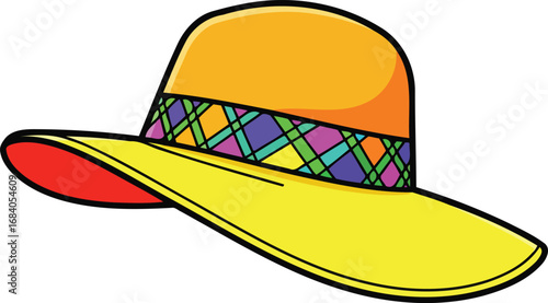 bright yellow sun hat with colorful plaid band summer fashion accessory illustration