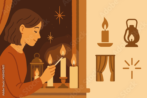 Lantern Lighting Ambiance. Scene banner with person lighting lanterns in window and ambiance icon set for candlelight, brass lamp,