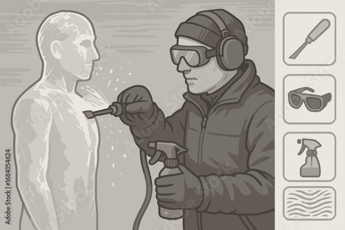Ice Sculpture Crafting. Horizontal composition showing ice sculptor polishing a statue and detail icon set for fine chisel,