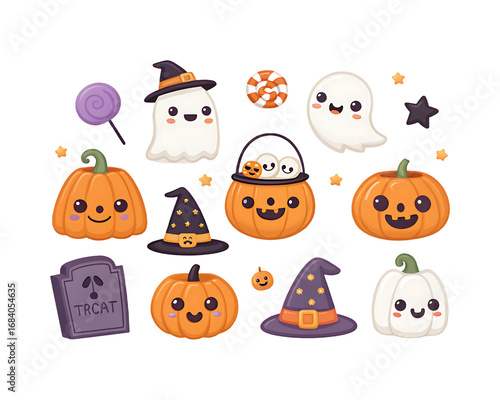 Wallpaper Mural Cute halloween characters isolated on transparent background set of cartoon spooky pumpkins, ghosts, hats, candies, tombstone and stars for decoration Torontodigital.ca