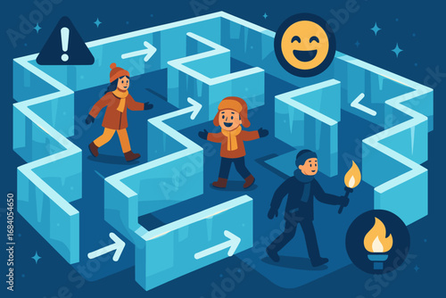 Ice Maze Adventure. Modern vector panel showing ice maze with visitors inside and attraction icon set for path arrows, frost glow,