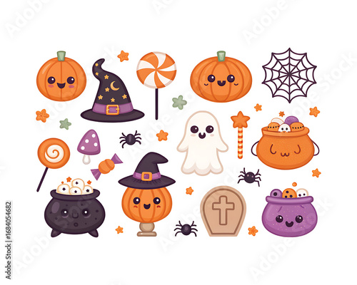 Wallpaper Mural Adorable halloween characters isolated on transparent background set of cartoon pumpkins, ghosts, candies, spider, cauldron and tombstone for decoration Torontodigital.ca