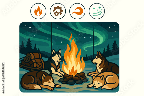 Group of dogs are sitting around a fire