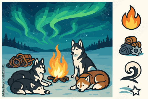Sled Dogs Under Aurora. Vector strip showing sled dogs resting by campfire under aurora and warmth icon set for flame glow, gear