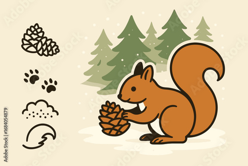 Squirrel's Forest Gathering. Vector banner featuring squirrel collecting pinecones and forest activity icon set for cone pile,