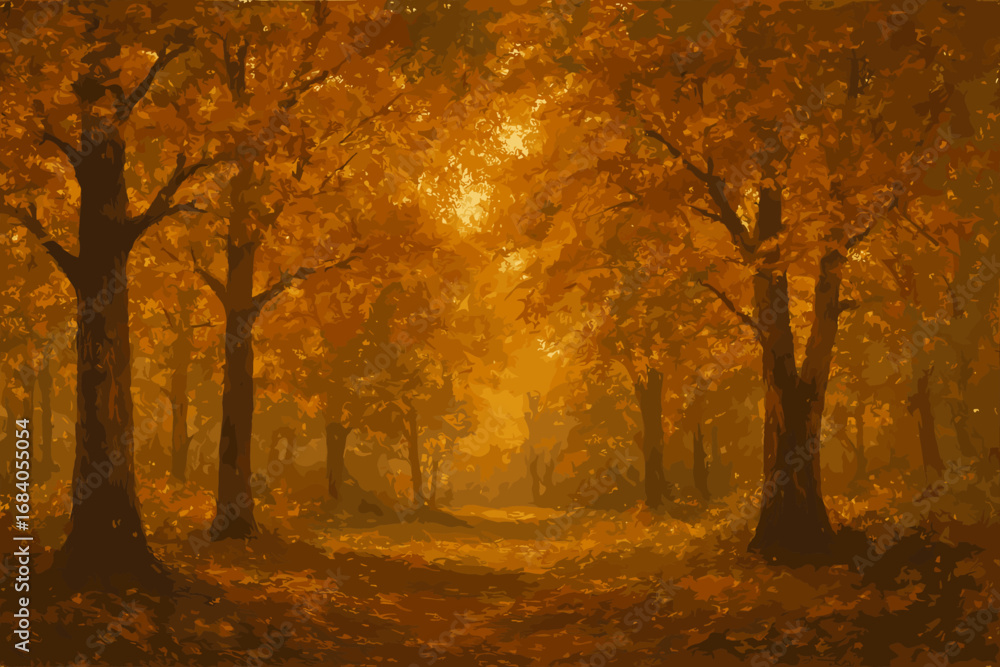 Fototapeta premium Autumn Forest Glow. Rustic horizontal banner of peaceful forest grove with rich textured foliage and light filtering through