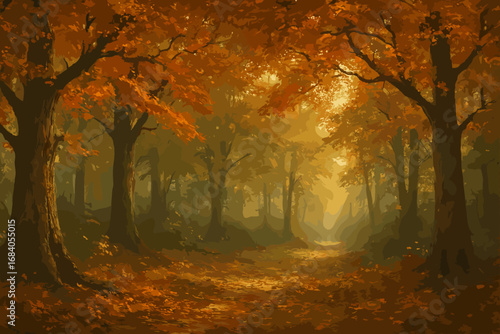 Autumn Forest Glow. Rustic horizontal banner of peaceful forest grove with rich textured foliage and light filtering through