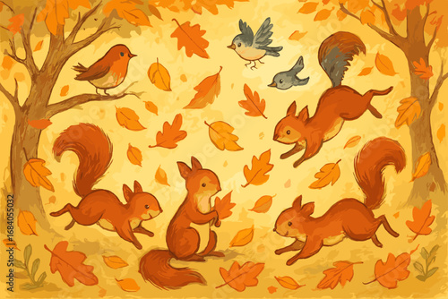 Autumn Playtime. Illustrated nature scene with squirrels and birds playing among falling leaves, filled with whimsy and seasonal