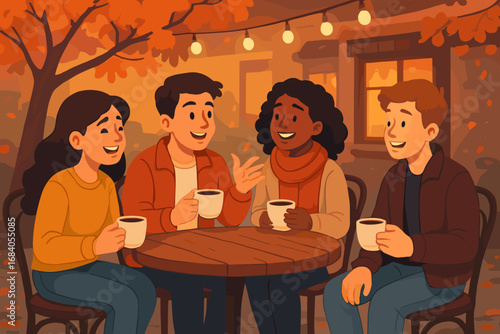 Group of people are sitting around a table with cups of coffee, smiling