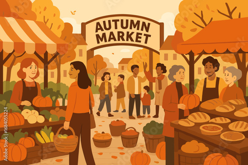 Autumn Market Hustle. Vector scene of bustling fall market square with seasonal produce, baked goods and community gathering