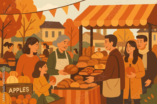 Autumn Market Hustle. Vector scene of bustling fall market square with seasonal produce, baked goods and community gathering